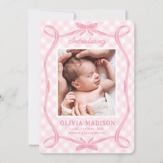Sweet Pink Gingham Ribbon Bow Geboorteaankondiging Kaart (Voorkant)