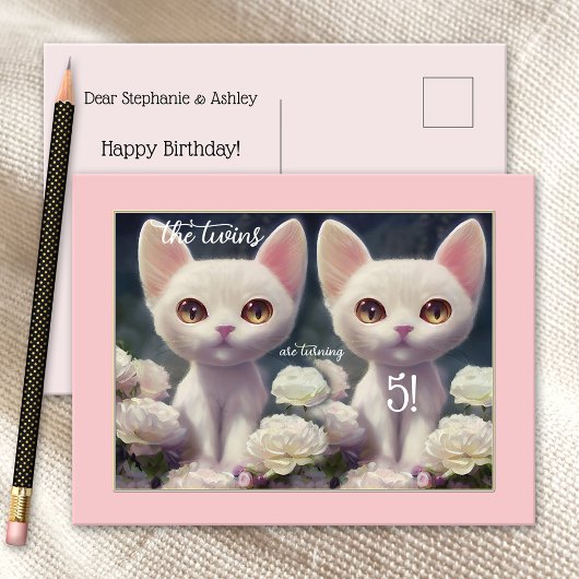 Sweet Pink Girly Kitten Twin Birthday Briefkaart