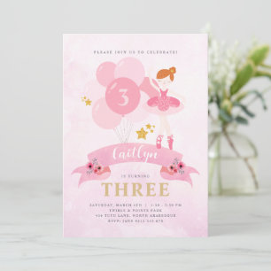 Sweet Pink & Gold Ballerina Birthday Uitnodiging