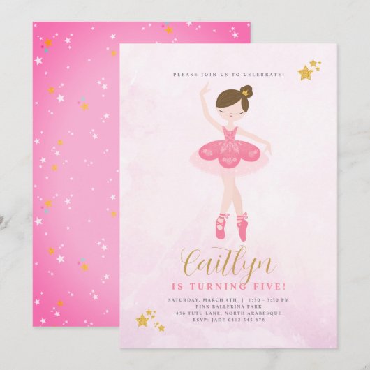 Sweet Pink & Gold Ballerina Birthday Uitnodiging (Voorkant / Achterkant)