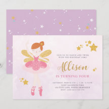Sweet Pink & Gold Ballerina Fairy Birthday Invitat