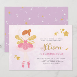 Sweet Pink & Gold Ballerina Fairy Birthday Invitat Kaart
