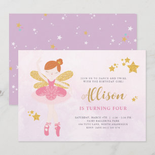 Sweet Pink & Gold Ballerina Fairy Birthday Invitat Kaart