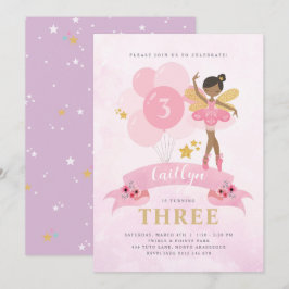 Sweet Pink & Gold Ballerina Fairy Birthday Invitat Kaart