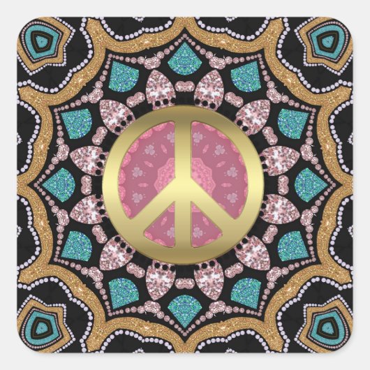 Sweet Pink & Gold Groovy Peace Mandala Energy Gold Vierkante Sticker (Voorkant)