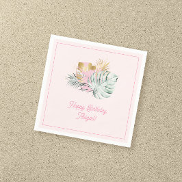 Sweet Pink & Gold Tropische bladeren Verjaardagsfe Servet