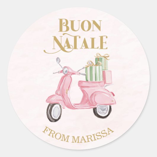 Sweet Pink & Green Italian Christmas Moped Ronde Sticker (Voorkant)