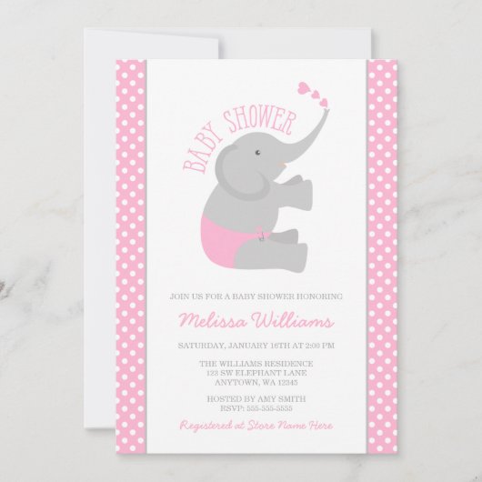 Sweet Pink Grey Elephant Baby Shower Invitations Kaart (Voorkant)
