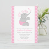 Sweet Pink Grey Elephant Baby Shower Invitations Kaart (Staand voorkant)