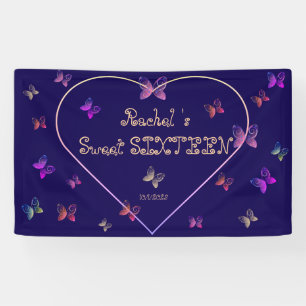 Sweet Pink Heart Butterflies Sweet 16 Verjaardag Spandoek