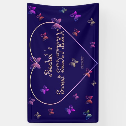 Sweet Pink Heart Butterflies Sweet 16 Verjaardag Spandoek (Verticaal)