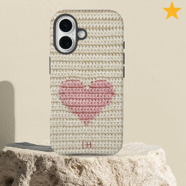 Sweet Pink Heart Crochet Yarn Custom Initials iPhone 16 Hoesje