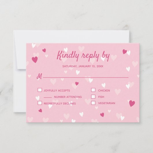 Sweet Pink Hearts Valentijn Wedding RSVP Kaartje (Voorkant)