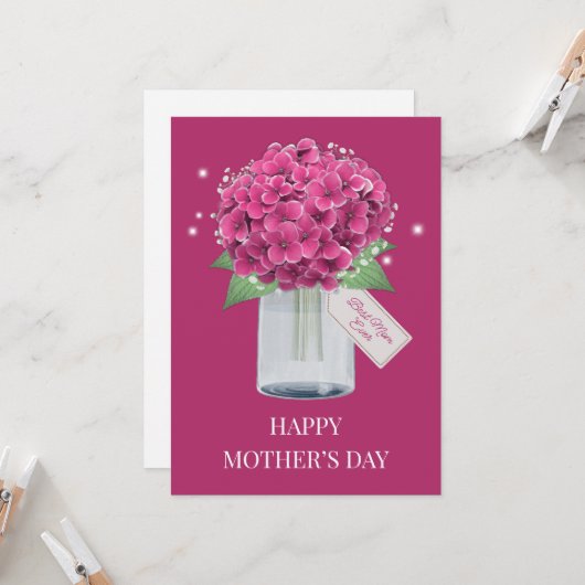 Sweet Pink Hydrangea Floral Happy Moederdag Kaart (Voorkant / Achterkant in situ)