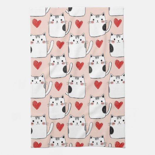 Sweet Pink Kawaii Cats & Hearts Pattern (5) Theedoek (Verticaal)