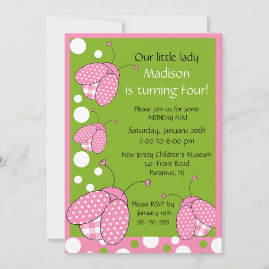 Sweet Pink Ladybug Birthday Uitnodiging (Voorkant)
