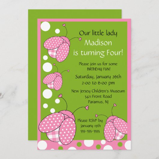 Sweet Pink Ladybug Birthday Uitnodiging (Voorkant / Achterkant)