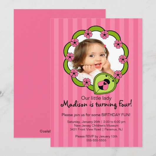 Sweet Pink Ladybug Foto Birthday Uitnodiging (Voorkant / Achterkant)