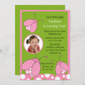 Sweet Pink Ladybug Foto Birthday Uitnodiging (Voorkant / Achterkant)