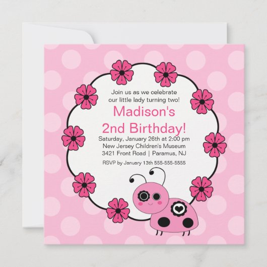 Sweet PINK Ladybugs Birthday Invitation Kaart (Voorkant)