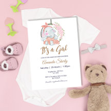 Sweet Pink Meisje Olifant Baby shower Invitation
