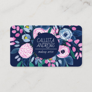 Sweet Pink Navy Flowers Waterverf Makeup Artist Visitekaartje