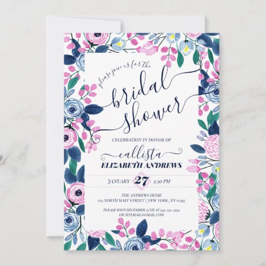 Sweet Pink Navy Flowers Waterverf Vrijgezellenfees Kaart (Voorkant)