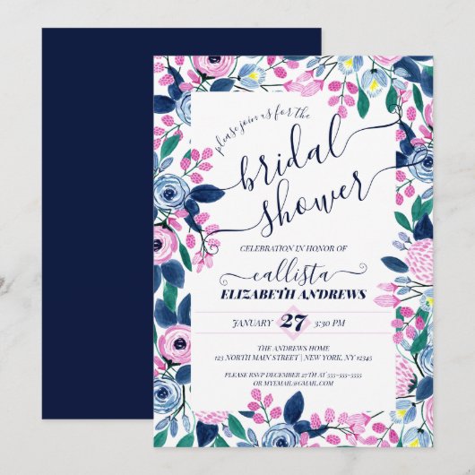 Sweet Pink Navy Flowers Waterverf Vrijgezellenfees Kaart (Voorkant / Achterkant)