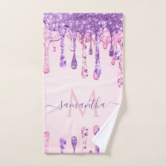 Sweet Pink Paars Glitter Driving Girly Monogram Bad Handdoek (Handdoek)
