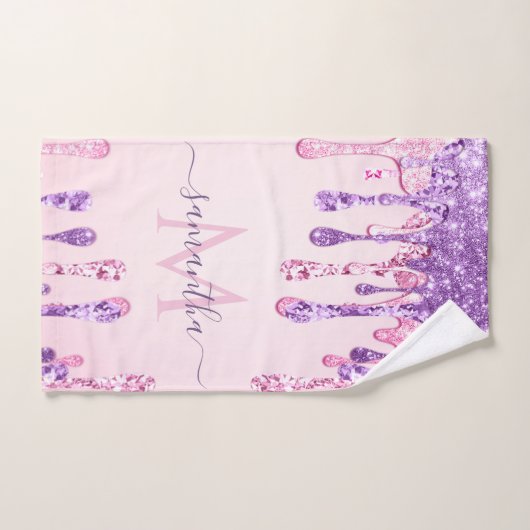 Sweet Pink Paars Glitter Driving Girly Monogram Bad Handdoek (Handdoek)