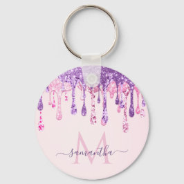 Sweet Pink Paars Glitter Driving Girly Monogram Sleutelhanger