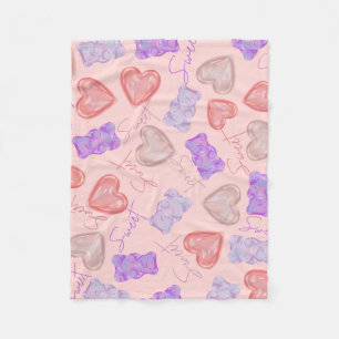 Sweet Pink Paarse teddybeer & hartpatroon Fleece Deken