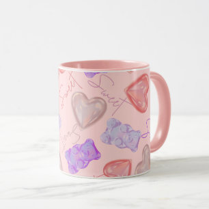 Sweet Pink Paarse teddybeer & hartpatroon Mok
