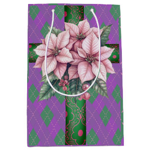 Sweet Pink Pointsettias Paarse Plaid Christmas Medium Cadeauzakje