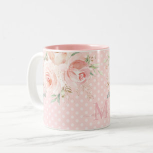 Sweet Pink Polka Dots Blush Rozen Floral Monogram Tweekleurige Koffiemok