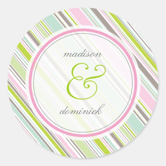 Sweet Pink Preppy Garden Stripes Bruiloft Sticker (Voorkant)