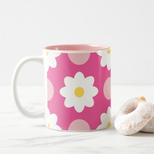 Sweet Pink Retro Bloemenpatroon Tweekleurige Koffiemok (Met donut)