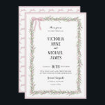 Sweet Pink Ribbons & Greenery Vintage Wedding Kaart<br><div class="desc">Zoete zacht roze linten & fluisterend groen waterverf lijst in een eenvoudig ontwerp. Voeg je foto op de achterzijde toe met namen om aan te passen. Een perfecte uitnodiging voor de lente of zomer bruiloft. Absoluut schattig. Elke dag 100% klanttevredenheid bij Zazzle. Sjabloon</div>