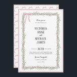 Sweet Pink Ribbons & Greenery Vintage Wedding Kaart<br><div class="desc">Zoete zacht roze linten & fluisterend groen waterverf lijst in een eenvoudig ontwerp. Voeg je foto op de achterzijde toe met namen om aan te passen. Een perfecte uitnodiging voor de lente of zomer bruiloft. Absoluut schattig. Elke dag 100% klanttevredenheid bij Zazzle. Sjabloon</div>