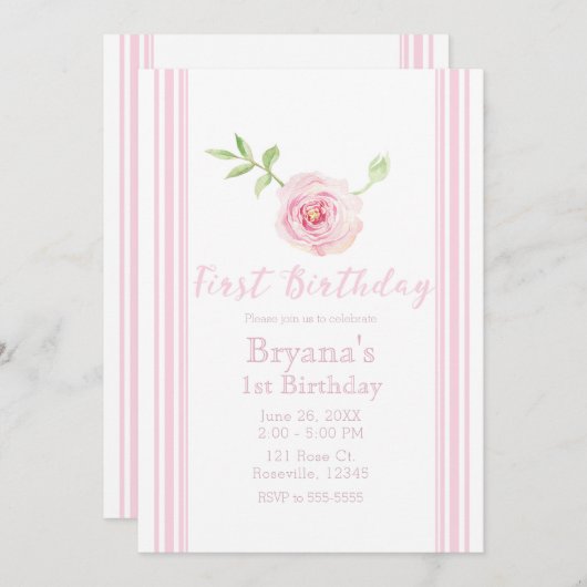 Sweet Pink Rose Bloemen Meisjes Eerste 1e Verjaard Kaart (Voorkant / Achterkant)