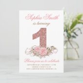 Sweet Pink Rose Gold Glitter Eerste Verjaardag Uit Kaart (Staand voorkant)