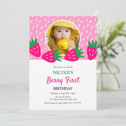 Sweet Pink Schattigee Aardbei Meisje Foto 1e Verja Kaart (Staand voorkant)