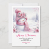 Sweet pink snowman Christmas kids card editable  Feestdagenkaart (Voorkant)