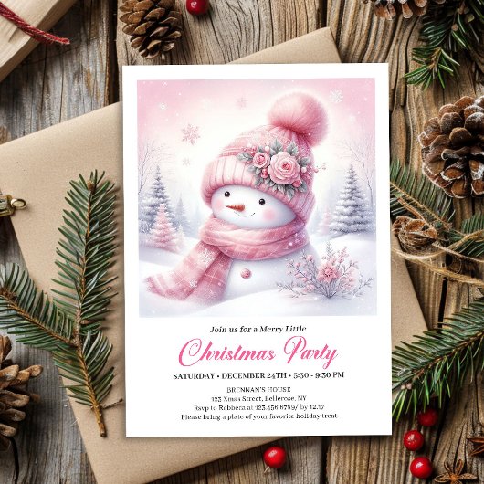Sweet Pink Snowman Editable Christmas Invite Snowy Kaart