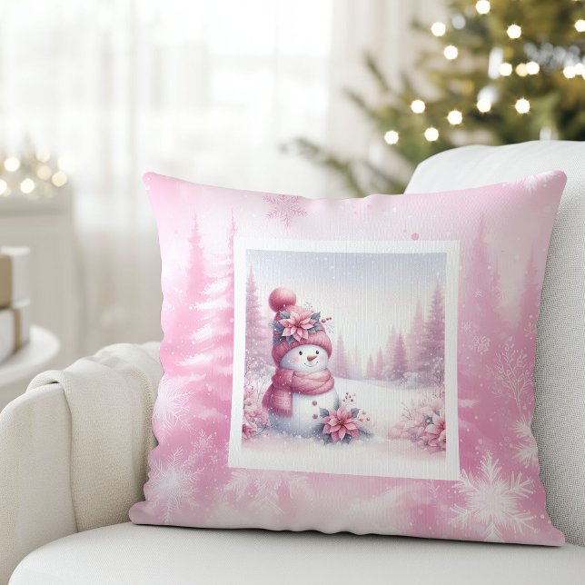 Sweet Pink Snowman Pillow Cute Christmas Scene Kussen (Sweet Pink Snowman Pillow Cute Christmas Scene)