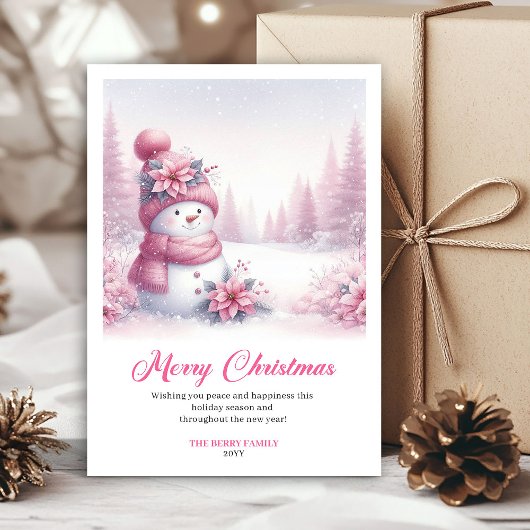 Sweet Pink Snowman Printable Festive Scene Greetin Feestdagenkaart