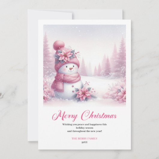 Sweet Pink Snowman Printable Festive Scene Greetin Feestdagenkaart (Voorkant)