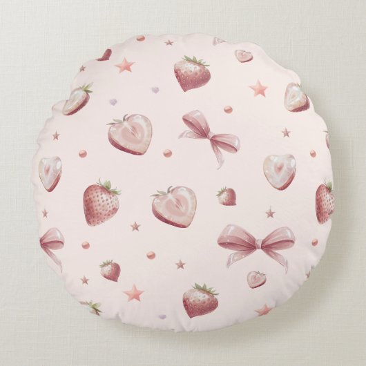 Sweet Pink Strawberry Love Hart en Sterren Rond Kussen (Voorkant)