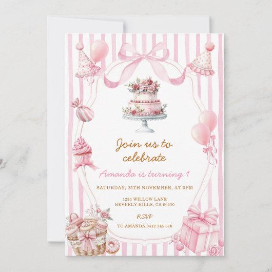 Sweet Pink Stripe Bow Girl Birthday Invitation Kaart (Voorkant)