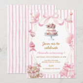 Sweet Pink Stripe Bow Girl Birthday Invitation Kaart (Voorkant / Achterkant)